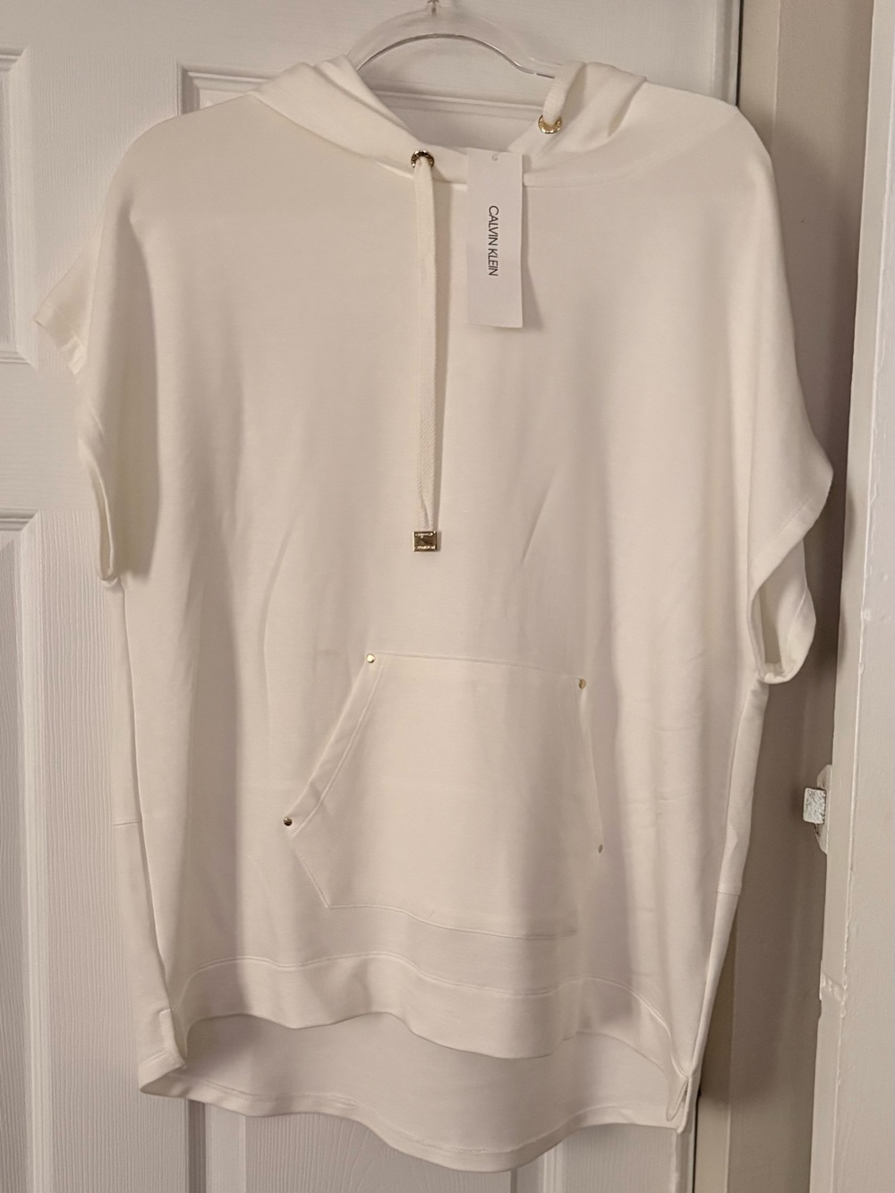 Calvin Klein Cream Short-Sleeve Hooded Sweatshirt with Gold Accents